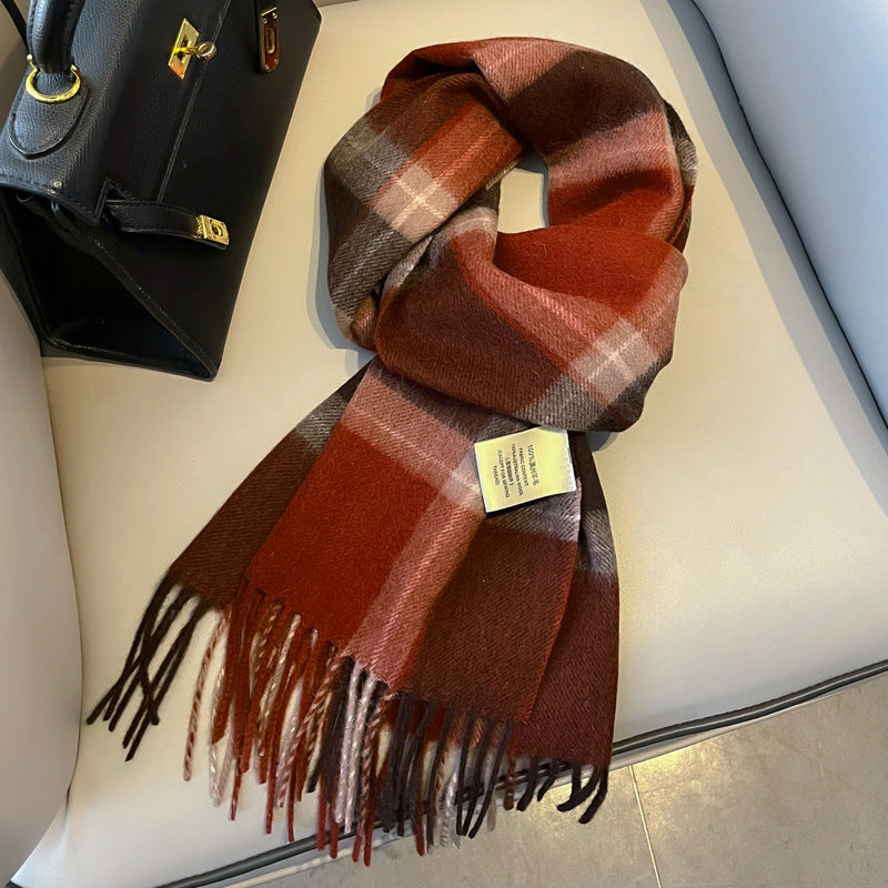 2026 Green Plaid Scarf Women's Winter All-match Pure Wool Thickened Warm New Year Gift Knitted Cashmere Scarf High-end