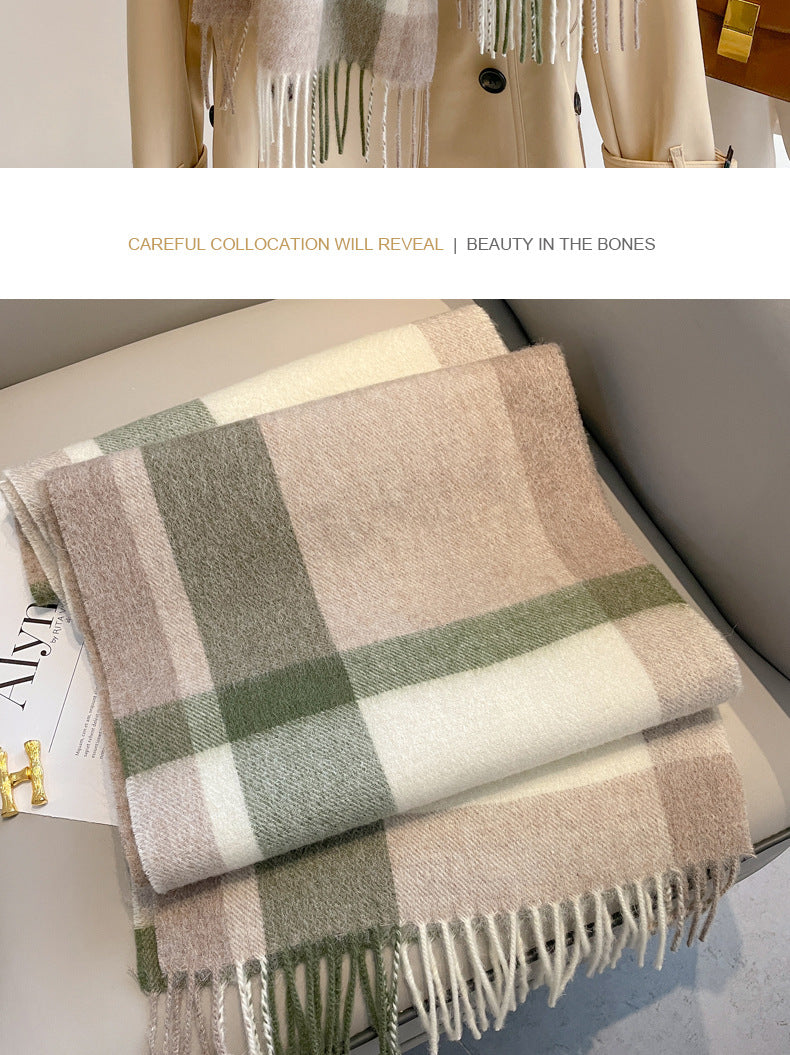 2026 Green Plaid Scarf Women's Winter All-match Pure Wool Thickened Warm New Year Gift Knitted Cashmere Scarf High-end