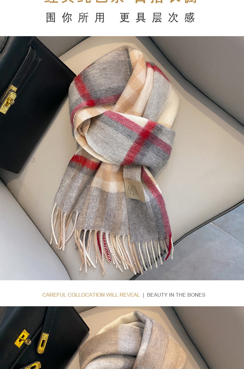 2026 Green Plaid Scarf Women's Winter All-match Pure Wool Thickened Warm New Year Gift Knitted Cashmere Scarf High-end