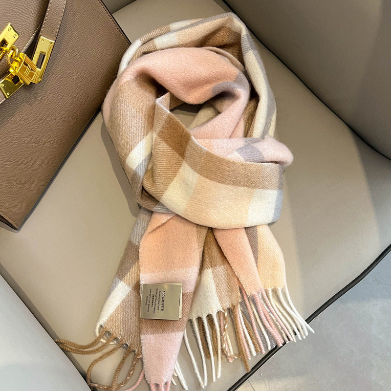 2026 Green Plaid Scarf Women's Winter All-match Pure Wool Thickened Warm New Year Gift Knitted Cashmere Scarf High-end