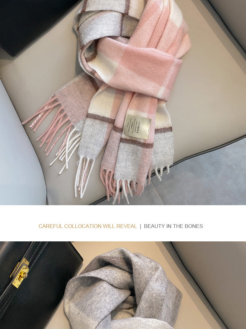 2026 Green Plaid Scarf Women's Winter All-match Pure Wool Thickened Warm New Year Gift Knitted Cashmere Scarf High-end