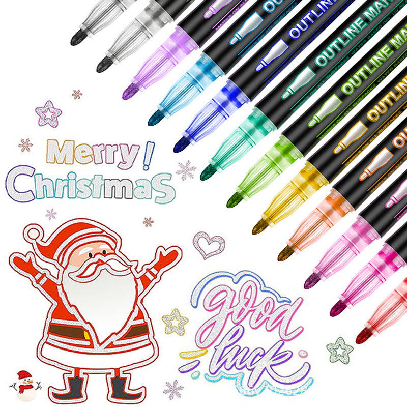 Amazony Explosions Fantasy Flash Double Line Contour Pen 48 Color DIY Hand Account Graffiti Metallic Highlighter Pen