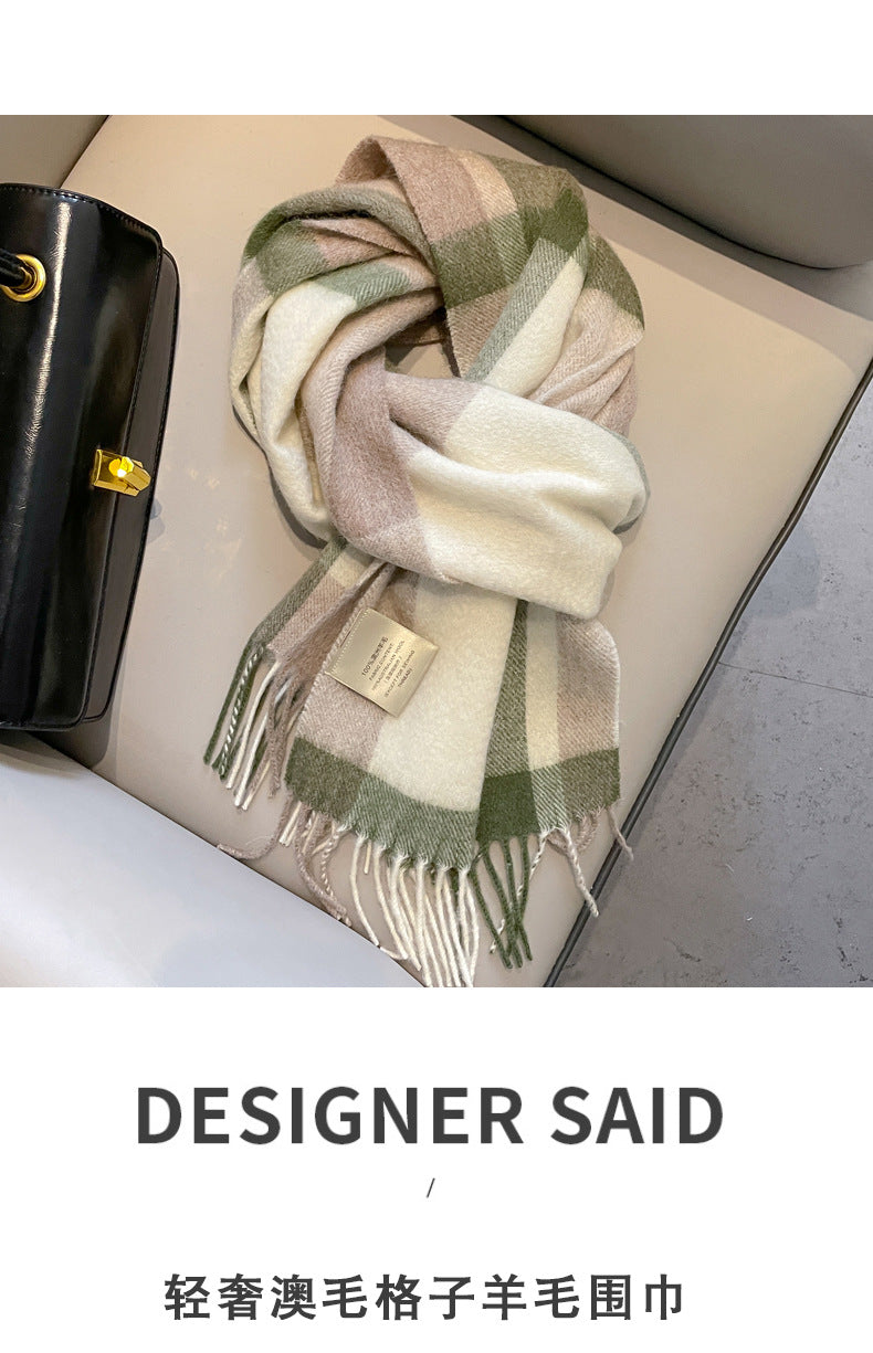 2026 Green Plaid Scarf Women's Winter All-match Pure Wool Thickened Warm New Year Gift Knitted Cashmere Scarf High-end