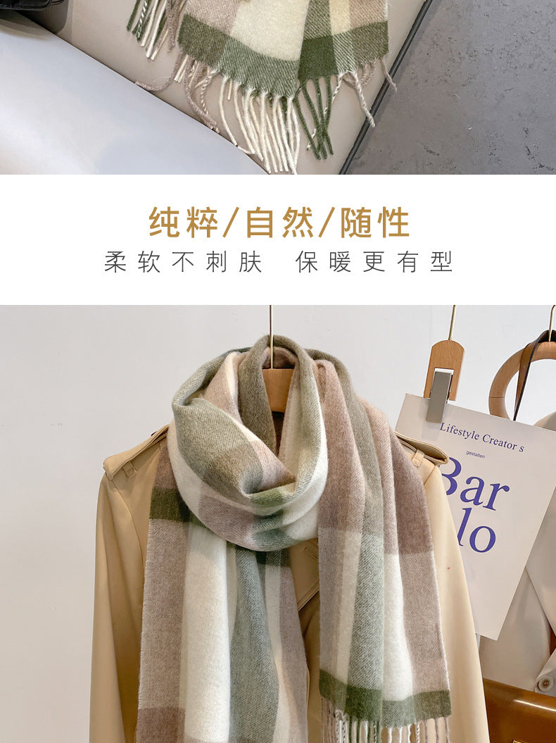 2026 Green Plaid Scarf Women's Winter All-match Pure Wool Thickened Warm New Year Gift Knitted Cashmere Scarf High-end