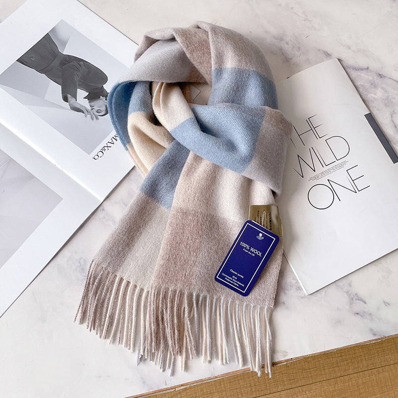 2026 Green Plaid Scarf Women's Winter All-match Pure Wool Thickened Warm New Year Gift Knitted Cashmere Scarf High-end