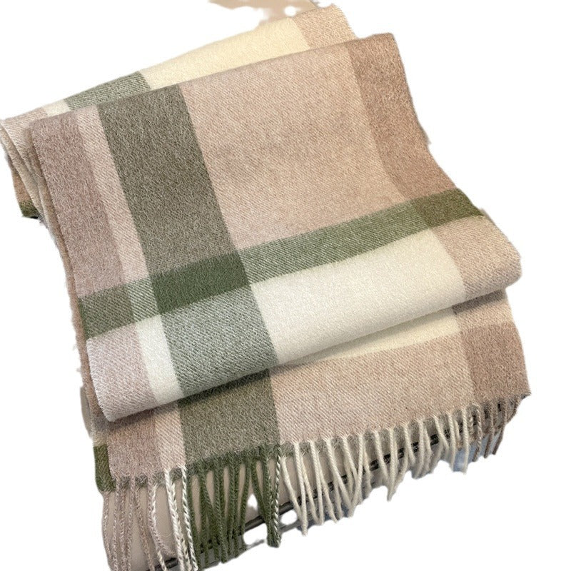 2026 Green Plaid Scarf Women's Winter All-match Pure Wool Thickened Warm New Year Gift Knitted Cashmere Scarf High-end