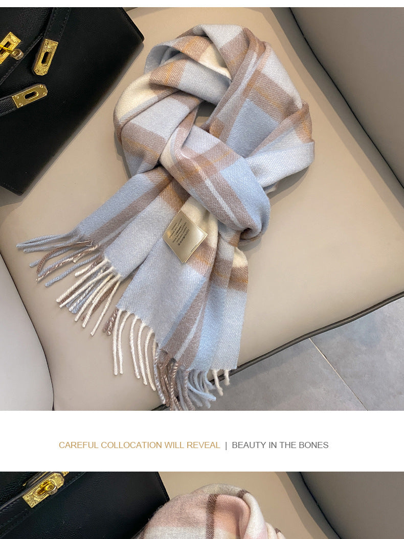 2026 Green Plaid Scarf Women's Winter All-match Pure Wool Thickened Warm New Year Gift Knitted Cashmere Scarf High-end