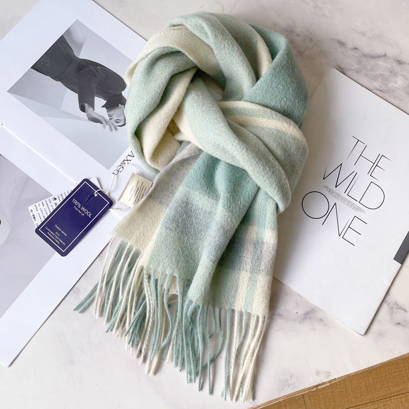 2026 Green Plaid Scarf Women's Winter All-match Pure Wool Thickened Warm New Year Gift Knitted Cashmere Scarf High-end