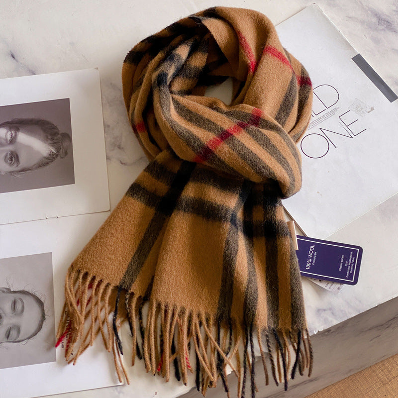 2026 Green Plaid Scarf Women's Winter All-match Pure Wool Thickened Warm New Year Gift Knitted Cashmere Scarf High-end