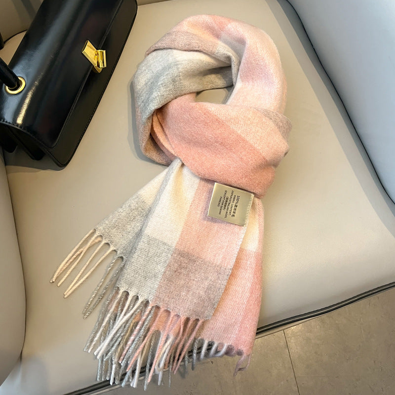 2026 Green Plaid Scarf Women's Winter All-match Pure Wool Thickened Warm New Year Gift Knitted Cashmere Scarf High-end