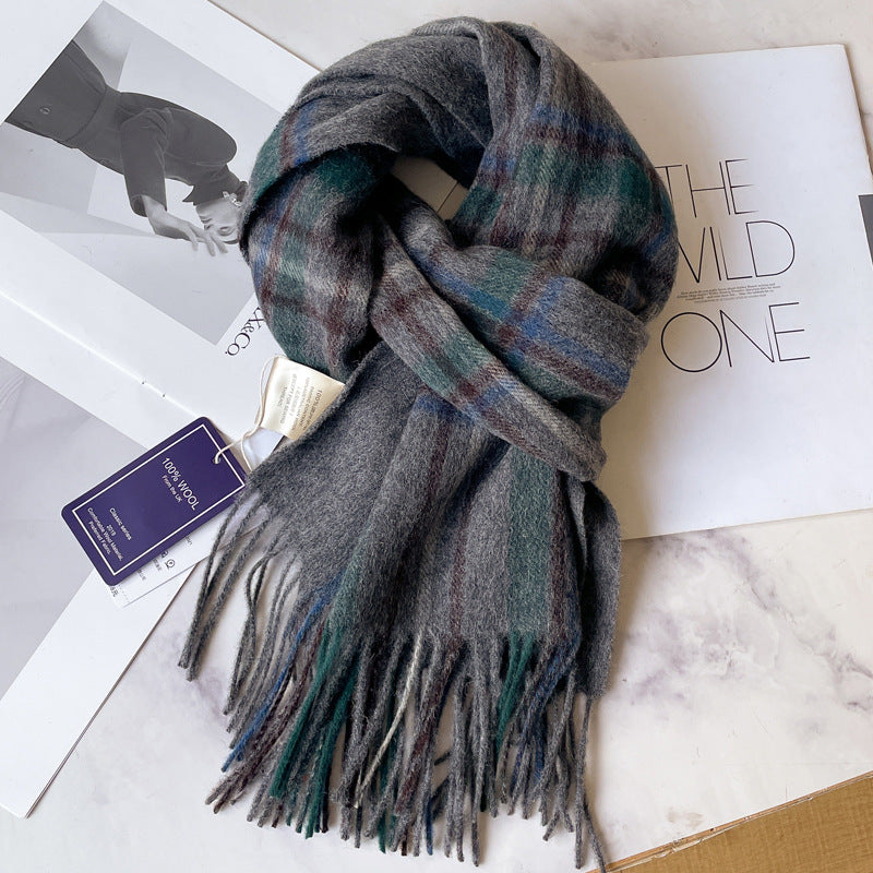 2026 Green Plaid Scarf Women's Winter All-match Pure Wool Thickened Warm New Year Gift Knitted Cashmere Scarf High-end