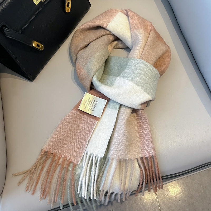 2026 Green Plaid Scarf Women's Winter All-match Pure Wool Thickened Warm New Year Gift Knitted Cashmere Scarf High-end