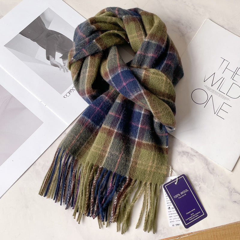 2026 Green Plaid Scarf Women's Winter All-match Pure Wool Thickened Warm New Year Gift Knitted Cashmere Scarf High-end