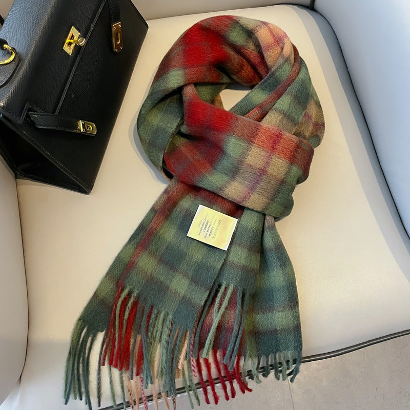 2026 Green Plaid Scarf Women's Winter All-match Pure Wool Thickened Warm New Year Gift Knitted Cashmere Scarf High-end