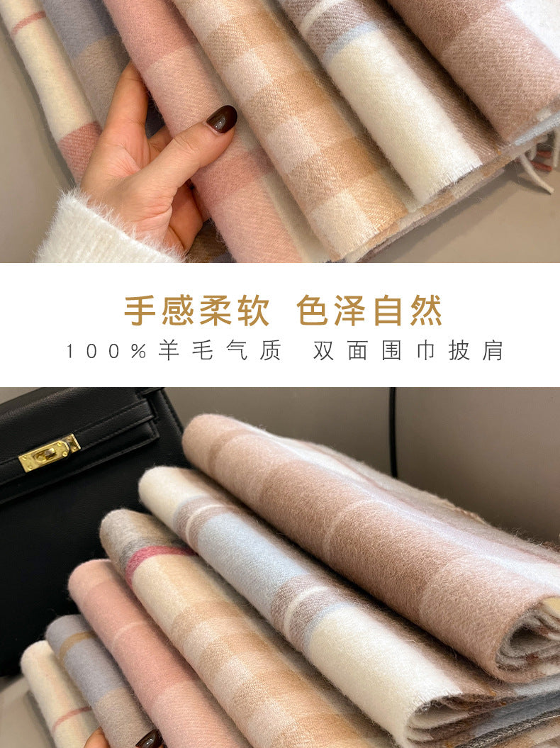 2026 Green Plaid Scarf Women's Winter All-match Pure Wool Thickened Warm New Year Gift Knitted Cashmere Scarf High-end