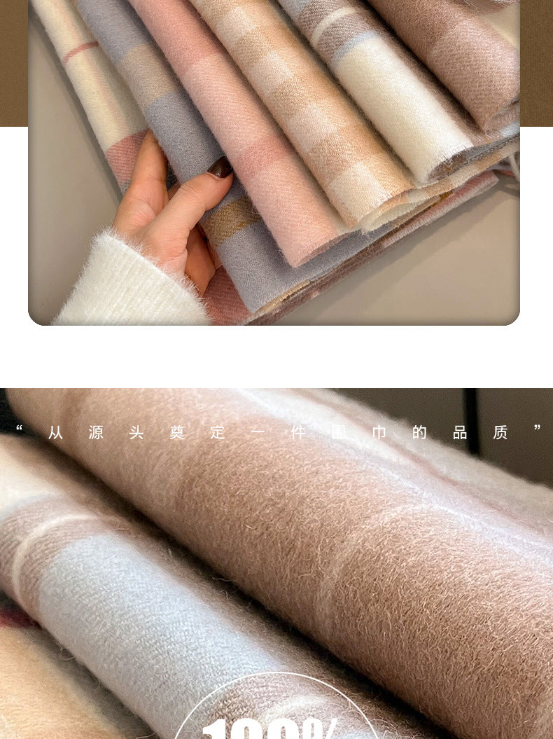 2026 Green Plaid Scarf Women's Winter All-match Pure Wool Thickened Warm New Year Gift Knitted Cashmere Scarf High-end