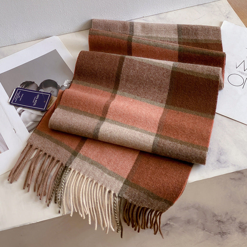 2026 Green Plaid Scarf Women's Winter All-match Pure Wool Thickened Warm New Year Gift Knitted Cashmere Scarf High-end