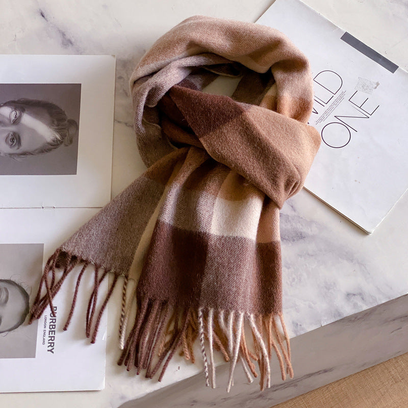 2026 Green Plaid Scarf Women's Winter All-match Pure Wool Thickened Warm New Year Gift Knitted Cashmere Scarf High-end