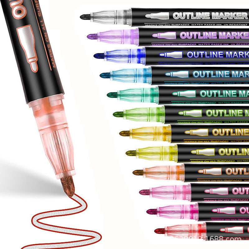 Amazony Explosions Fantasy Flash Double Line Contour Pen 48 Color DIY Hand Account Graffiti Metallic Highlighter Pen