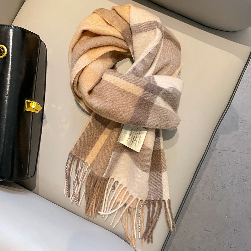 2026 Green Plaid Scarf Women's Winter All-match Pure Wool Thickened Warm New Year Gift Knitted Cashmere Scarf High-end