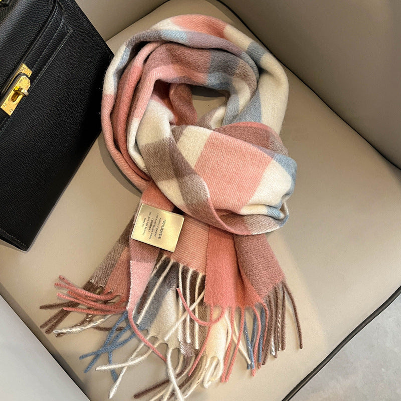 2026 Green Plaid Scarf Women's Winter All-match Pure Wool Thickened Warm New Year Gift Knitted Cashmere Scarf High-end