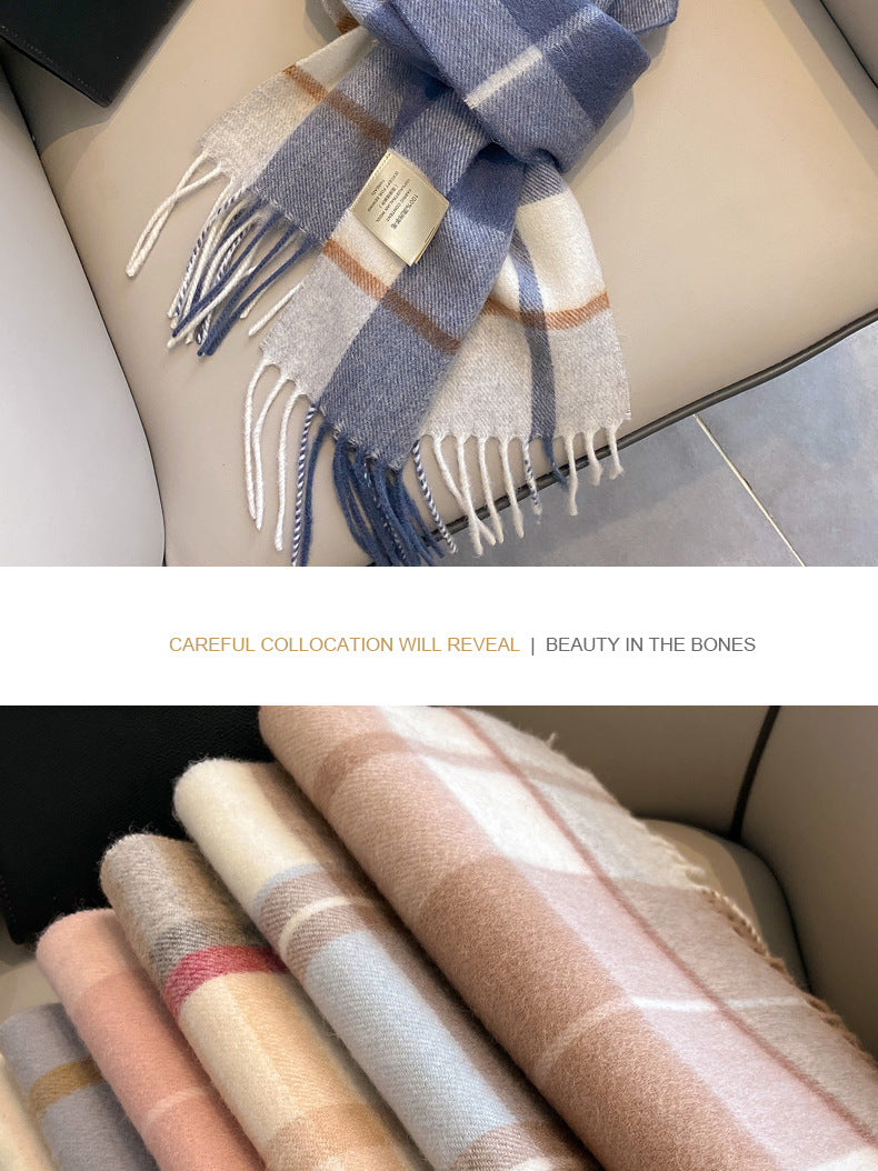 2026 Green Plaid Scarf Women's Winter All-match Pure Wool Thickened Warm New Year Gift Knitted Cashmere Scarf High-end