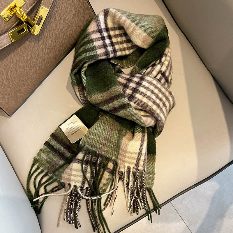 2026 Green Plaid Scarf Women's Winter All-match Pure Wool Thickened Warm New Year Gift Knitted Cashmere Scarf High-end