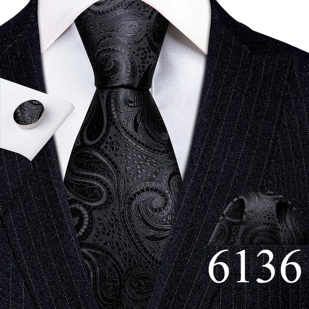 Fashion Mens Ties Set Silk Gray Black Silver White Striped Plaid Solid Paisley Floral Neck Tie Hankderchief Cufflinks Barry·Wang