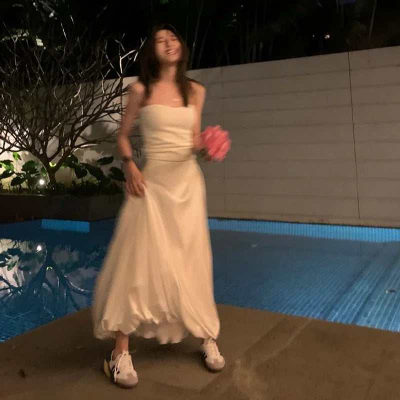 2024 Spring White Satin Low Waist A Line Ball Gown Long Skirts For Women French Romantic Elegant Solid Fairy Dress For Girl