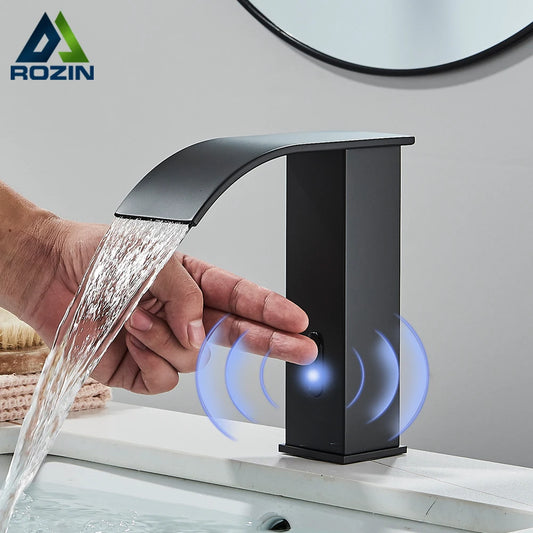 Rozin Black Smart Sensor Bathroom Basin Faucet Touchless Automatic Sense Mixer Tap Waterfall Hot Cold Water Washbasin Crane FREE SHIPPING
