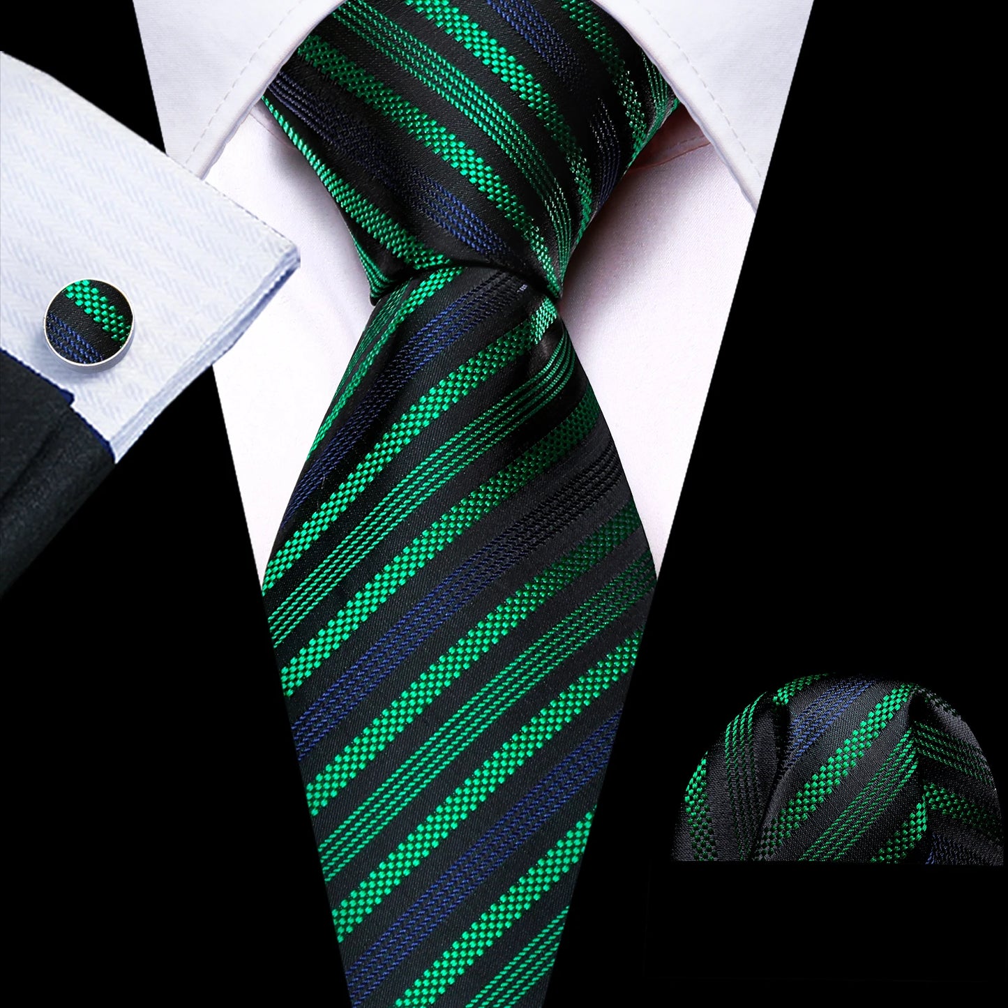 Dark Green Silk Solid Men Ties With Pocket Square Cufflinks Set Elegant Woven High Quality Suit Necktie Wedding