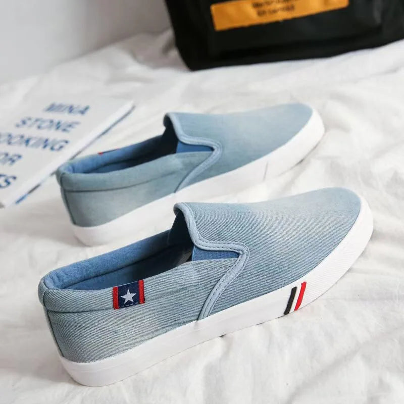 Denim Men's Canvas Shoes Slip-On Sneakers Male Flats Breathable Loafers for Men 2025 Summer Trainers Light Black Shoes Footwear