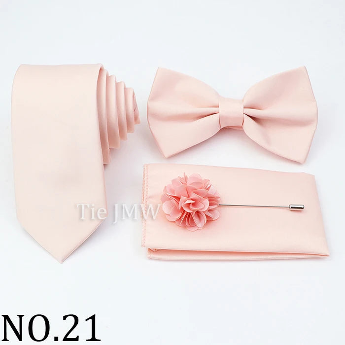 Hot Sale Pink Purple Sage Green Tie Set Polyester Necktie Bowtie Cufflink Brooch For Groom Suit Wedding Cravat Shirt Accessory