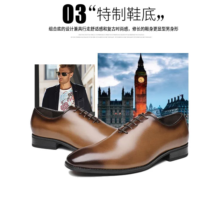 English new Style 2024-2025  Men Leather Shoes Prince Classic Formal Whole-cut Dress Shoes Hand Rubbing Lace Up Business Leather Shoes Oxford