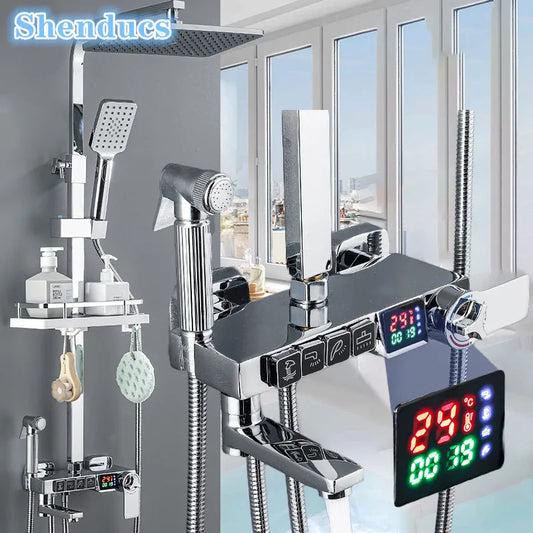 New 2024-2025 Chrome Digital Bathroom Shower System for Bathroom Accessories Brass Bathroom Mixer Faucet Thermostatic Digital Shower Set Plus FREE SHIPPING