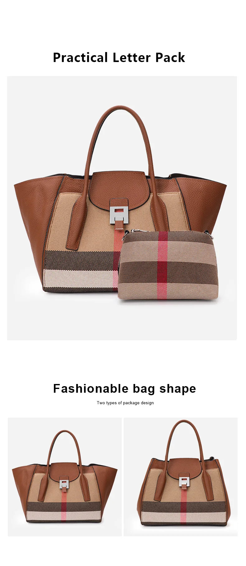 New 2024-2025 Checkered women's handbag 2024 fashionable canvas genuine leather bag large capacity multifunctional cowhide wing bag