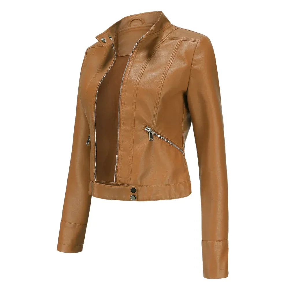 Spring Autumn Stand Collar Ladies Thin Leather Outerwear 2024 New Style Women's Leather Jacket Short Slim Fit