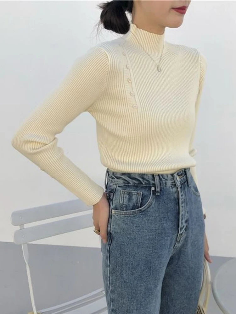 Women Knitted Sweater Long Sleeve Button Turtleneck Slim Pullovers for Autumn Winter 2024 Female Sweaters Soft Warm Bottoming Tops