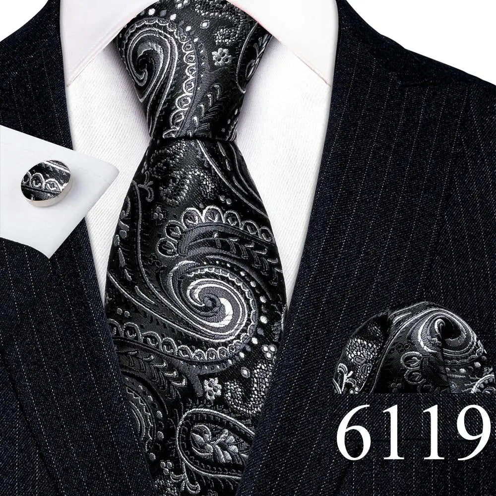 Fashion Mens Ties Set Silk Gray Black Silver White Striped Plaid Solid Paisley Floral Neck Tie Hankderchief Cufflinks Barry·Wang