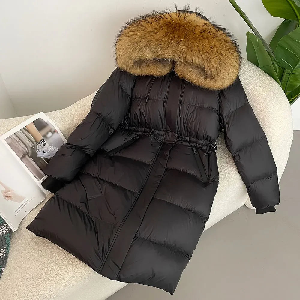 2024 - 2025 Winter New White Duck Down Real Fox Fur Real Raccoon Fur Long Hooded Coat Women Slim Warm Jacket Female Casual Fashion