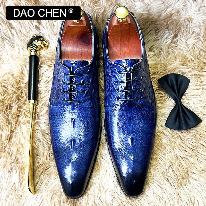 NEW 2024 ITALIAN MEN LEATHER SHOES BLUE BLACK CROCODILE SHOES LACE UP LUXURY MEN DRESS SHOES OFFICE WEDDING OXFORDS SHOES FOR MEN