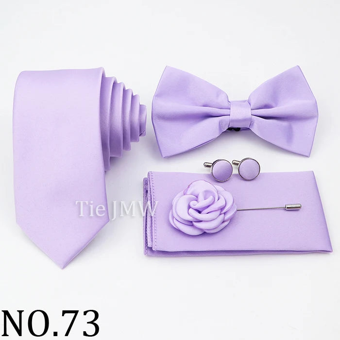 Hot Sale Pink Purple Sage Green Tie Set Polyester Necktie Bowtie Cufflink Brooch For Groom Suit Wedding Cravat Shirt Accessory