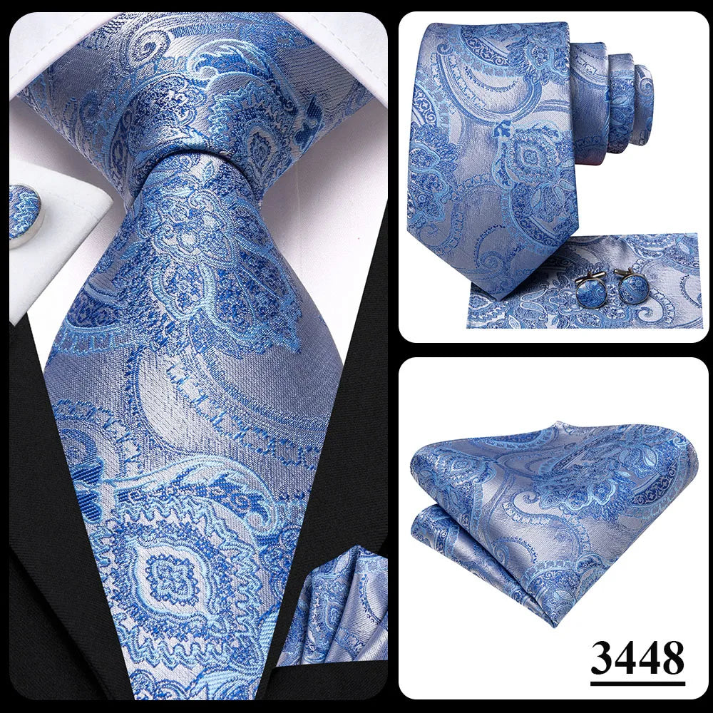 Brand New 2025 Hi-Tie Light Blue Striped Business Mens Tie 8.5cm Jacquard Necktie Accessorie Daily Wear Cravat Wedding Party Hanky Cufflink Set