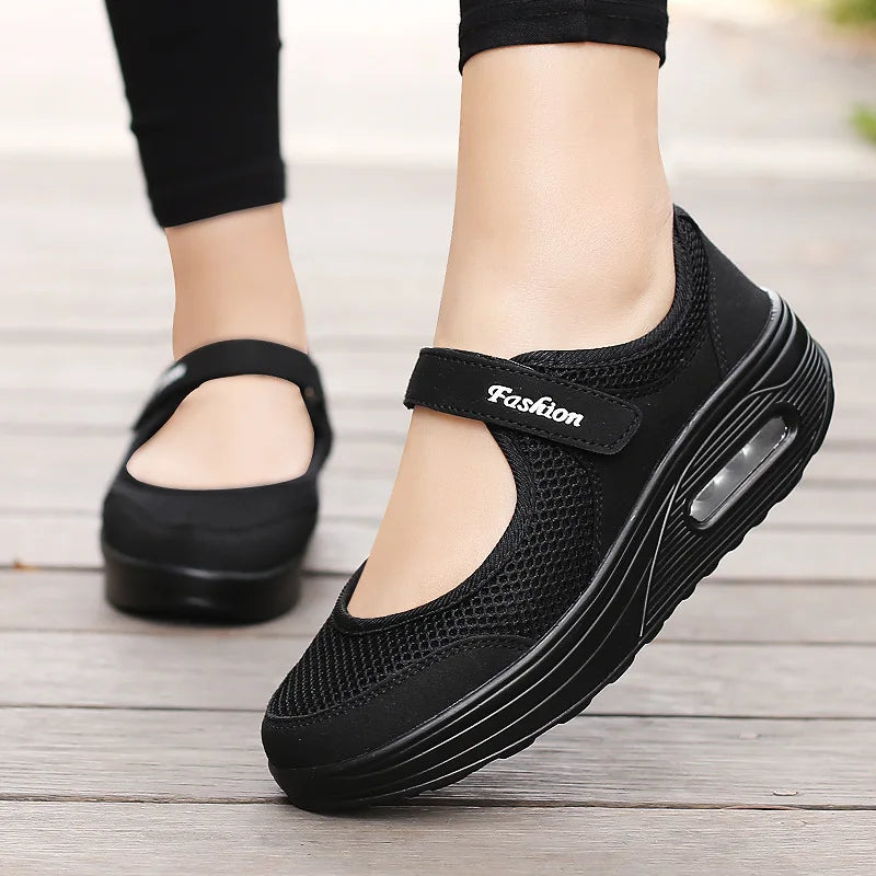 New Women Tennis Shoes New Hook Loop Air Cushion Shoe Non-slip Sole Breathable Female Casual Increase Footwear Outdoor Walk Sneakers