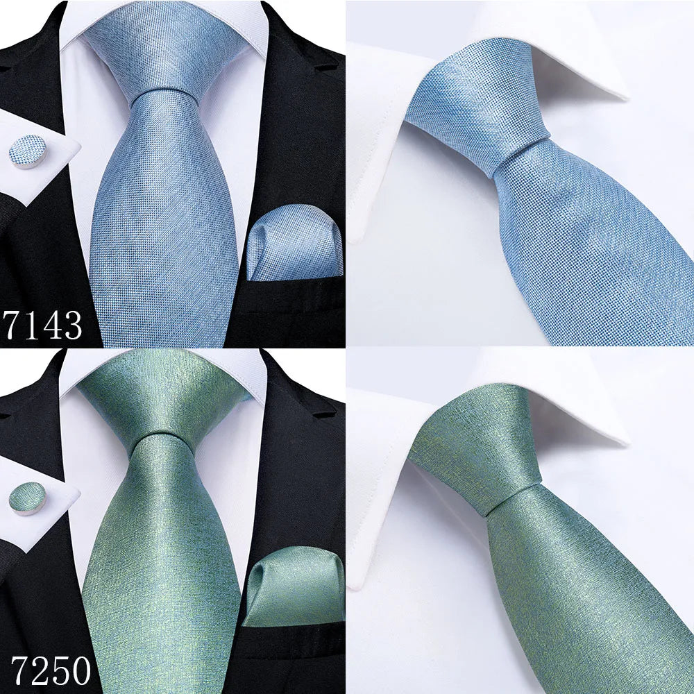 DiBanGu Mens Necktie Teal Green Blue Solid Design Silk Wedding Tie For Men Hanky Cufflinks Tie Set Fashion Bussiness Party