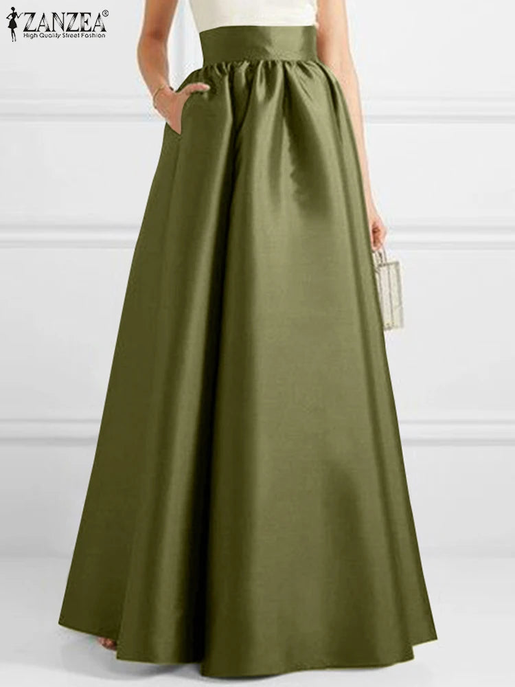 Summer 2024 High Waist Solid A-line Maxi Skirt ZANZEA Fashion Women Party Long Skirts Casual Jupe Elegant OL Work Satin Faldas Saia