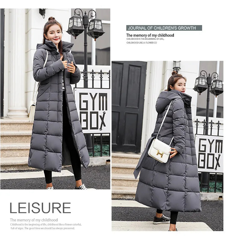 New 2024 - 2025 X-Long Down Jacket Women Casual Thick Warm Padded Coat Winter Loose Solid Hooded Parkas Lady Korean Fashion Solid Long Overcoa