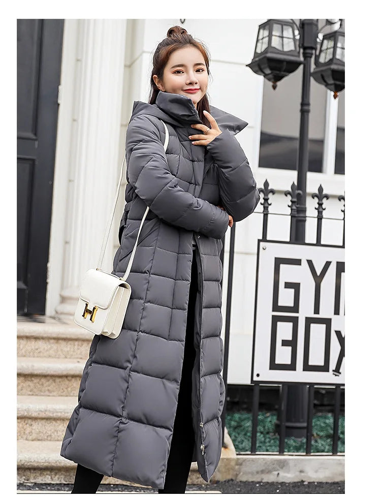 New 2024 - 2025 X-Long Down Jacket Women Casual Thick Warm Padded Coat Winter Loose Solid Hooded Parkas Lady Korean Fashion Solid Long Overcoa