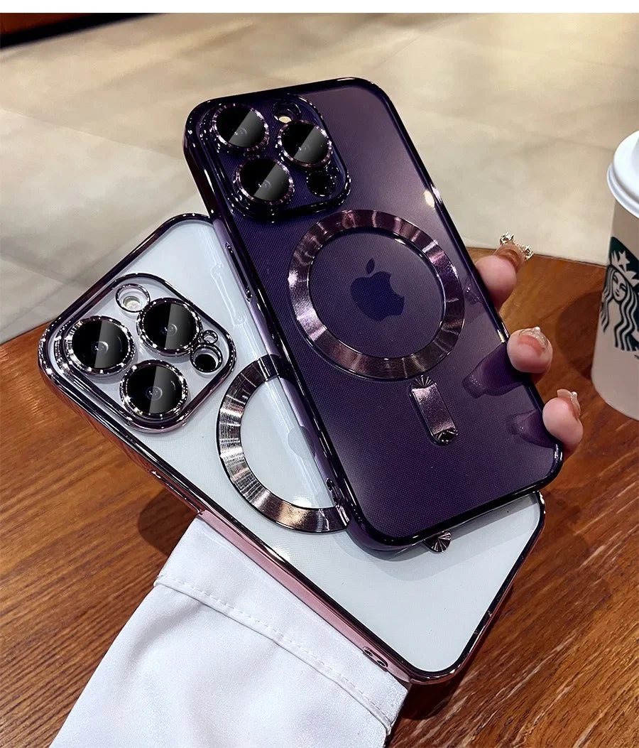 Plating TPU Magesafe Case For iPhone 16 15 14 13 12 11 Pro Max For Plus Magnetic Wireless Charging Full Lens Protect Clear Cover
