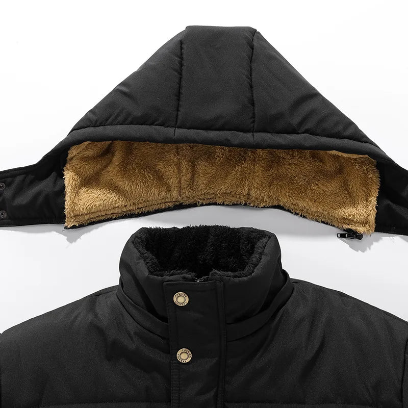 New Men Winter 2025 - 2026 Fleece Jacket Thick Warm Hooded Fur Collar Coat Solid Color Outerwear Mens Clothing Big Sale on now